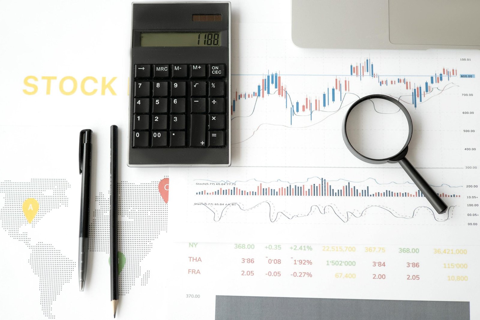 Flat lay of stock market analysis tools including calculator, graphs, and magnifying glass.